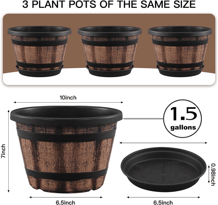 3 Pack 10 Inch Plant Pots,Whiskey Barrel Planters with Drainage Holes & Saucer, Plastic Decoration Flower Pots Imitation Wine Barrel Design, for Indoor & Outdoor Garden Home Plants (Brown) - Image 2