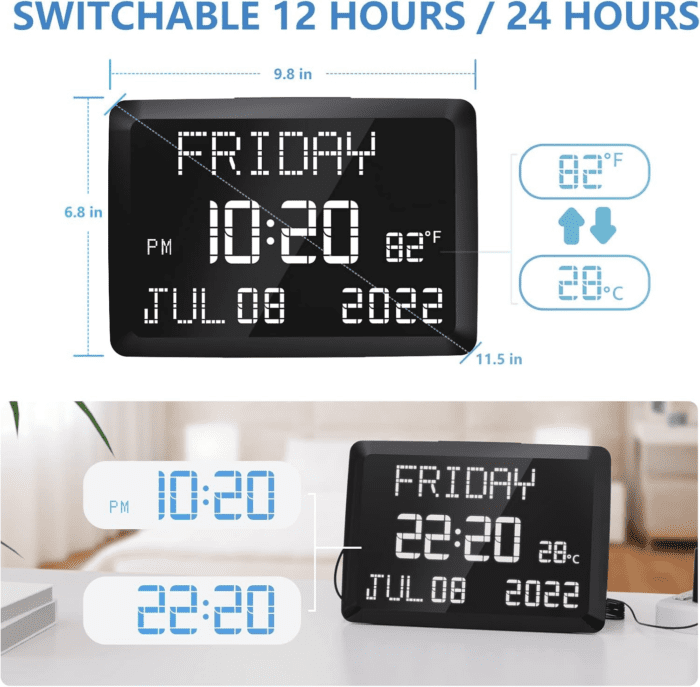 Digital Clock, 11.5" Large Display Digital Wall Clock,Adjustable Brightness Calendar Clock with Day and Date, Indoor Temperature, Snooze,12/24H, DST for Home, Office, Elderly - Image 6