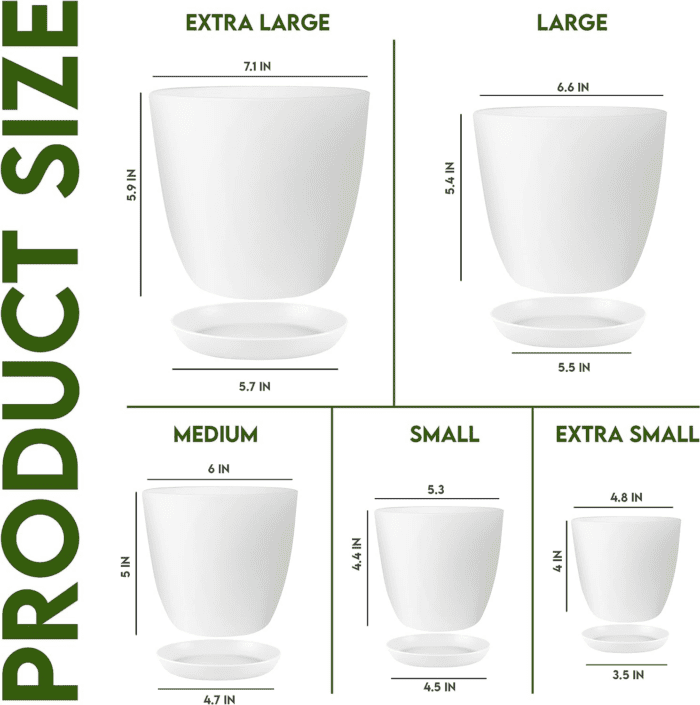 - Plant Pots Indoor with Drainage - 7/6.6/6/5.3/4.8 Inches Flower Pots for Indoor Planter - 5 Pack Plastic Planters - Ideal for Stocking Stuffers or Home Christmas Decorations - White - Image 2