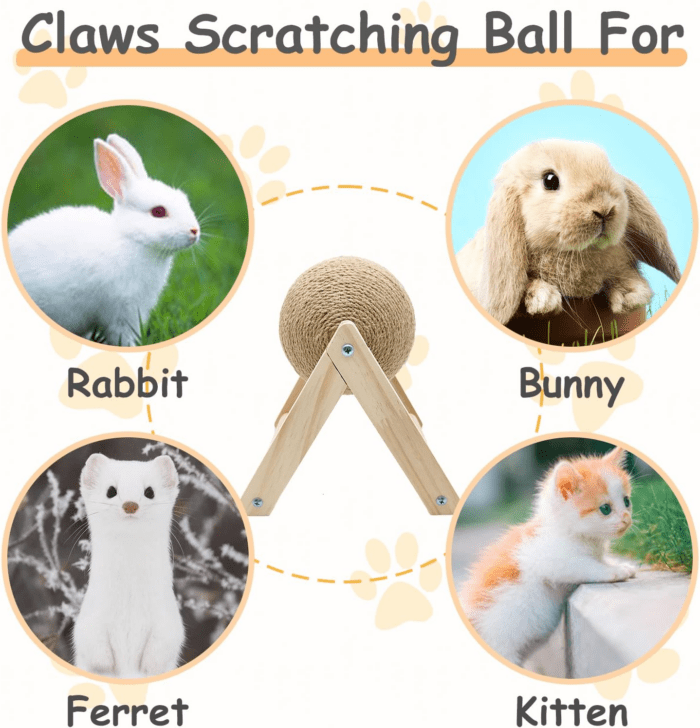 Rabbit Scratch Toy Wooden Sisal Rabbit Scratching Ball Bunny Scratcher with Ball for Rabbits Bunnies Ferrets Kittens Small Animals (Small) - Image 8