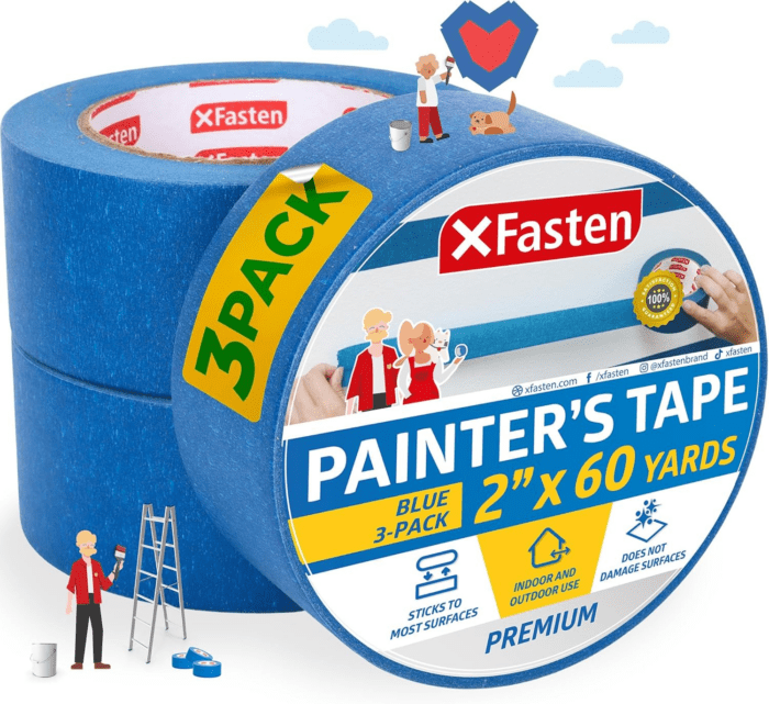 Professional Blue Painters Tape 2 Inch X 60 Yards (3-Pack) Bulk Blue Masking Tape for Painting Walls | Residue-Free