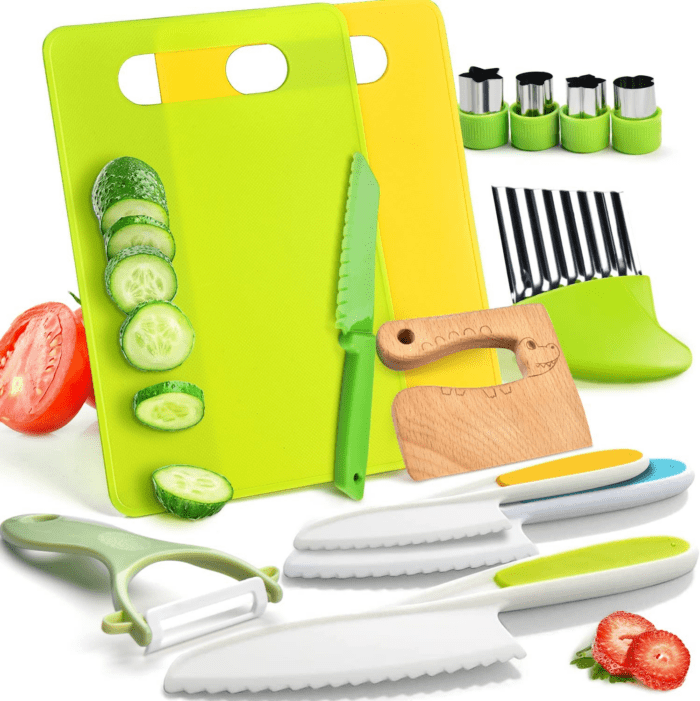 13 Pieces Montessori Kitchen Toys for Toddlers-Kids Cooking Sets Real-Toddler Toys Set for Real Cooking with Plastic Children Safe Knives Crinkle Cutter Kids Cutting Board