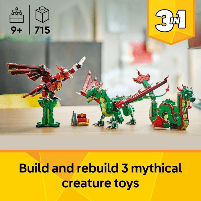 Creator 3 in 1 Medieval Dragon Toy - Building Toy with 3 Build Options, Dragon, Sea Serpent, or Phoenix - Fantasy Set for Kids, Boys and Girls, Ages 9+ - Gift Idea for Birthdays - 31161 - Image 2