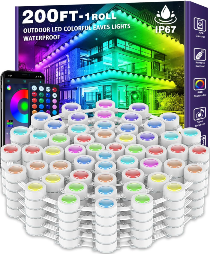 200FT Permanent Outdoor RGB Lights,Ip67 Waterproof Smart LED Eaves Lights with App/Remote Control,For Christmas and All Holiday Decor,Daily and Accent Lighting,House Roof and Garden Lighting