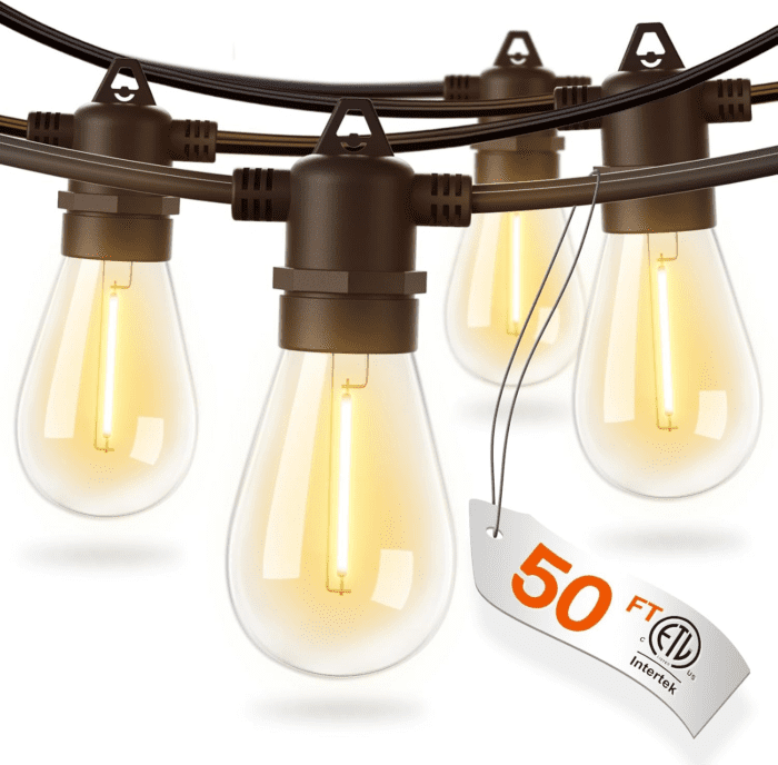 50FT LED Outdoor String Lights with Edison Shatterproof Bulbs, Weatherproof Strand, Commercial Grade Patio Lights, Decorative for Garden or Patio, Black