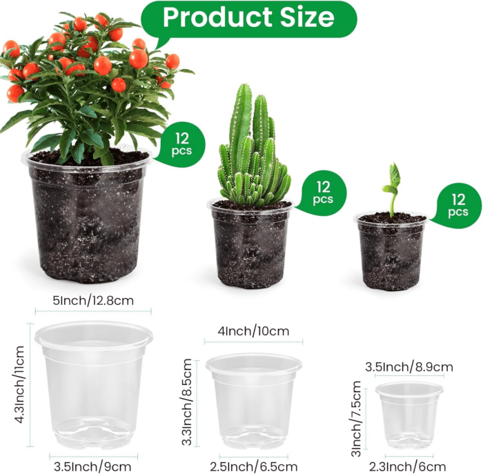 36 Packs 5/4/3.5 Inch Reinforced Clear Nursery Pots with Drainage Hole, Transparent Variety Pack Plastic Plant Pot Seedling Planter Seed Starter Flower - Image 2