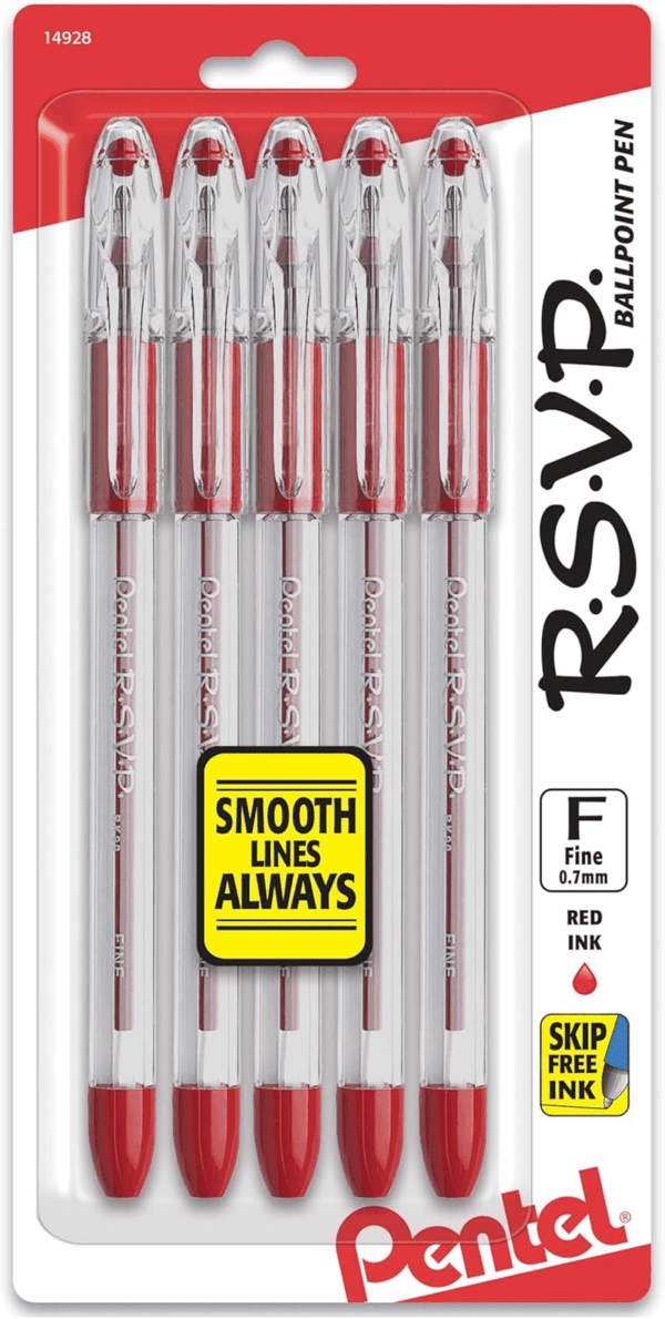 RSVP Ballpoint Pen, Fine Line, (0.7Mm), Red Ink (BK90BP5B) (Pack of 1, 5 Count Total)