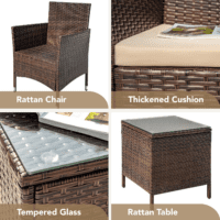 Patio Porch Furniture Sets 3 Pieces PE Rattan Wicker Chairs with Table Outdoor Garden Furniture Sets (Brown/Beige) - Image 7