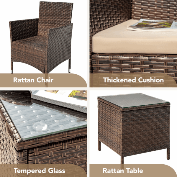Patio Porch Furniture Sets 3 Pieces PE Rattan Wicker Chairs with Table Outdoor Garden Furniture Sets (Brown/Beige) - Image 7