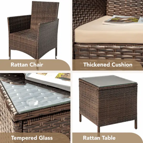 Patio Porch Furniture Sets 3 Pieces PE Rattan Wicker Chairs with Table Outdoor Garden Furniture Sets (Brown/Beige) - Image 7