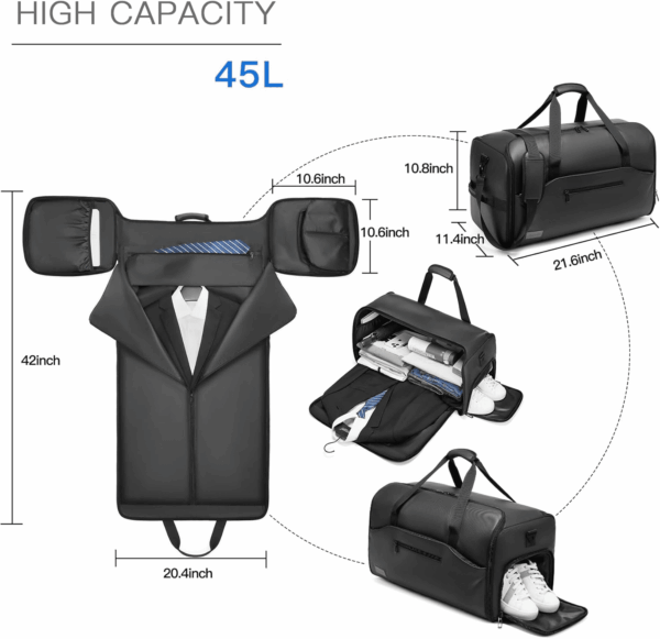 Garment Duffle Bags for Travel, Convertible Garment Bag with Shoe Compartment,3 in 1 Waterproof Travel Suit Bag with Shoulder Strap for Men Women - Image 2