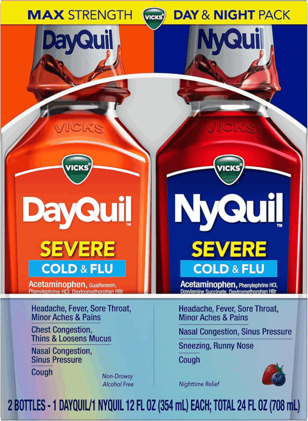 Dayquil & Nyquil SEVERE Cold & Flu Medicine, Relief for Headache, Fever, Sore Throat, Minor Aches & Pains, Nasal Congestion, Sinus Pressure, Stuffy Nose, and Cough, Co-Pack, 2 X 12 OZ - Image 9