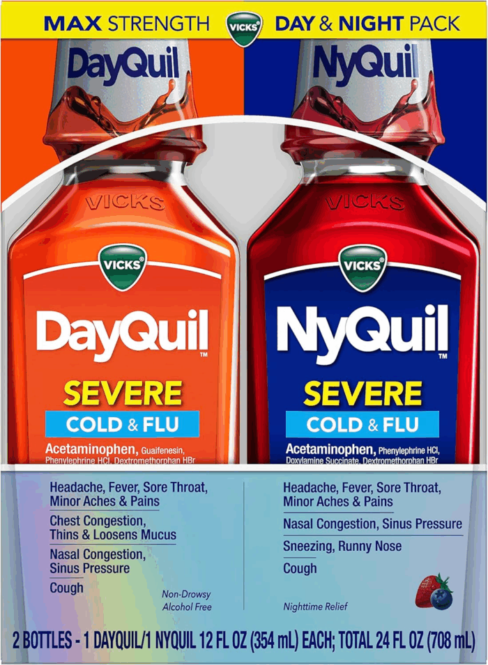 Dayquil & Nyquil SEVERE Cold & Flu Medicine, Relief for Headache, Fever, Sore Throat, Minor Aches & Pains, Nasal Congestion, Sinus Pressure, Stuffy Nose, and Cough, Co-Pack, 2 X 12 OZ - Image 9