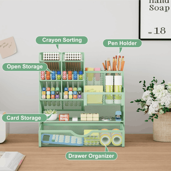 Mesh Pen Holder for Desk, Multi-Functional Pencil Organizer with Drawer, Desk Organizers and Accessories for Office Art Supplies (Green) - Image 2