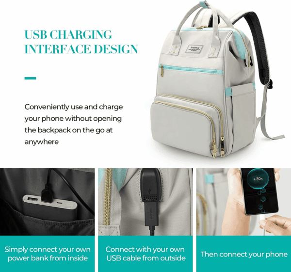 Lunch Backpack, 15.6 Inch Laptop Backpack with USB Port, Stylish Nurse, Teacher Work Bag with Insulated Cooler Lunch Box for Women Men/Travel, Grey Blue - Image 5