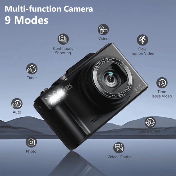 4K Digital Camera for Photography, 64MP Vlogging Camera for Youtube with 3" 180° Flip Screen, 18X Digital Zoom Point and Shoot Camara with 32GB Micro SD Card for Beginner (Black) - Image 5