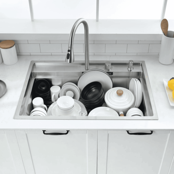 30 Inch Drop in Waterfall Kitchen Sink Workstation with Faucet Combo- 30X22 Drop-In Sink 16 Gauge Stainless Steel Single Bowl Kitchen Sink with Cutting Board - Image 4