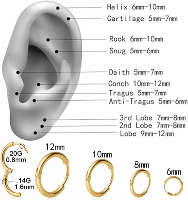 Hypoallergenic 14K Gold Plated Small Hoop Earrings Set for Women & Men - Dainty Stackable Cartilage Earrings for Multiple Piercing, Surgical Stainless Steel Lightweight Huggie Hoops for Sensitive Ears Trendy Jewelry Gift 6/7/8/9/10/12Mm (Gold/Silver/Black) - Image 2