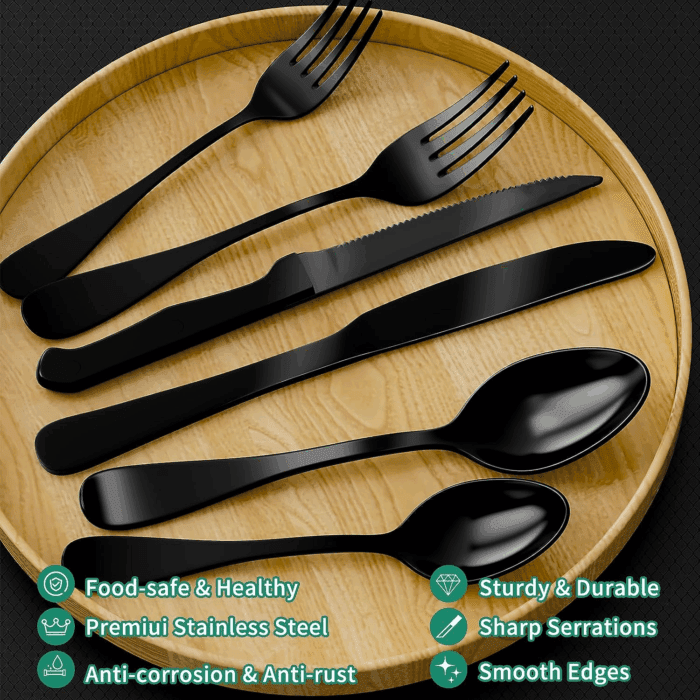 49-Piece Black Silverware Set with Drawer Organizer, Stainless Steel Cutlery for 8 with Matte Steak Knives, Forks, Spoons - Dishwasher Safe - Image 2