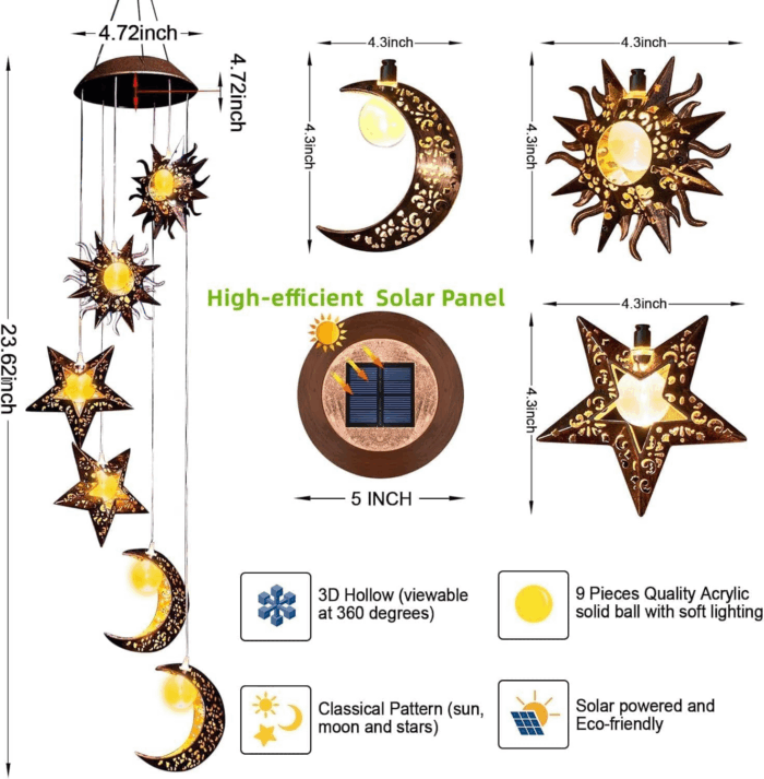 Solar Wind Chimes for Outdoor Lights Sun Moon Star Mom Wife Hanging Decor Outdoor Sympathy Wind Chimes for Garden Patio Balcony Birthday Womens Gifts - Image 4