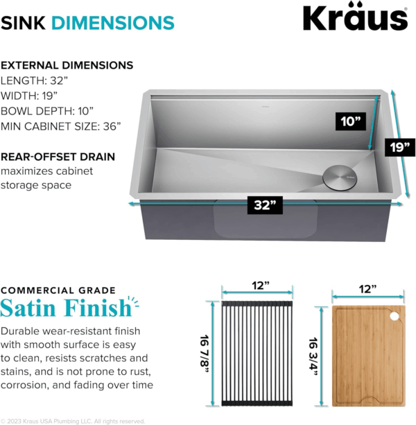 Kore Workstation 32-Inch Undermount 16 Gauge Stainless Steel Kitchen Sink, Single Bowl Kitchen Sink with Accessories, KWU110-32 - Image 4
