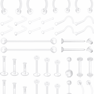 38Pcs Clear Piercing Retainers for Surgery Bioflex Nose Rings Belly Rings Septum Eyebrow Lip Cartilage Tragus Earring Retainer Industrial Bar Plastic Piercing Jewelry for Work