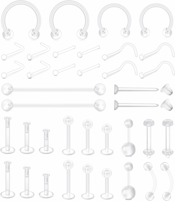 38Pcs Clear Piercing Retainers for Surgery Bioflex Nose Rings Belly Rings Septum Eyebrow Lip Cartilage Tragus Earring Retainer Industrial Bar Plastic Piercing Jewelry for Work