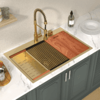 33 Drop in Kitchen Sink Workstation Gold 33X22 Drop in Sinks Stainless Steel 16 Gauge Single Bowl Handmade Topmount Kitchen Sink with Cutting Board