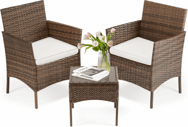 Patio Furniture Set 3 Pieces, Outdoor Wicker Furniture with Coffee Table, Modern Rattan Patio Chairs Conversation Sets with Sofa for Garden, Terrace, Porch, Balconies, Lawns, Brown