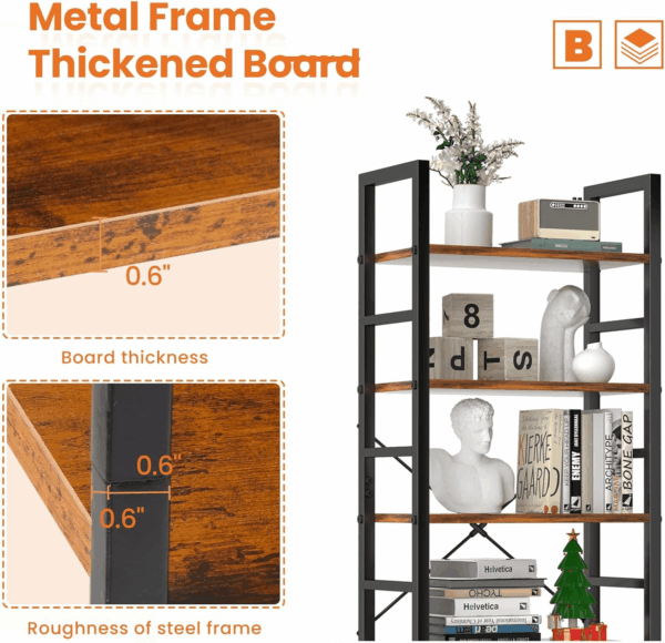 5-Tier Book Shelf Tall Modern Bookcase Set of 2 for Books, Cds, Movies, Storage and Organization Bookshelf Industrial Home Decor for Bedroom Office Kitchen Living Room, Rustic Brown - Image 4