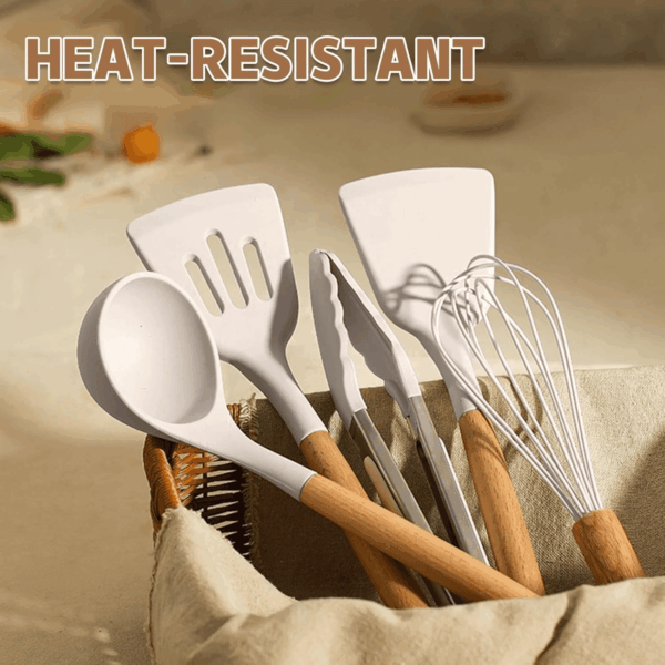 Kitchen Cooking Utensils Set, 33 Pcs Non-Stick Silicone Cooking Kitchen Utensils Spatula Set with Holder, Wooden Handle Silicone Kitchen Gadgets Utensil Set (Khaki) - Image 5