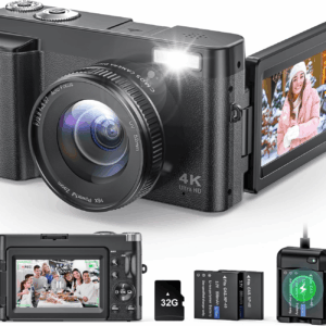4K Digital Camera for Photography and Video, Autofocus Anti-Shake 48MP Vlogging Camera for Youtube, 3'' 180°Flip Screen Camera with Flash 16X Zoom, Digital Camera with 32GB Card Battery Charger Black