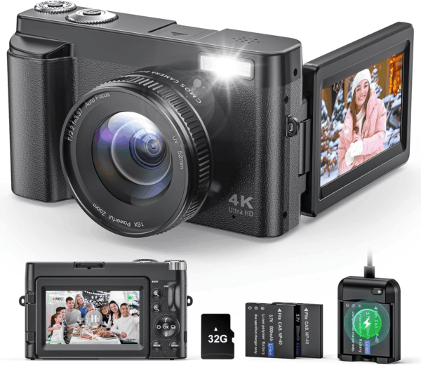 4K Digital Camera for Photography and Video, Autofocus Anti-Shake 48MP Vlogging Camera for Youtube, 3'' 180°Flip Screen Camera with Flash 16X Zoom, Digital Camera with 32GB Card Battery Charger Black