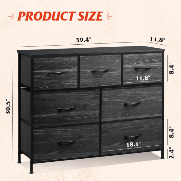7 Drawer Dresser TV Stand, Entertainment Center, Media Console Table with Metal Frame and Wood Top for TV up to 45 Inch, Chest of Drawers for Bedroom, Charcoal Black Wood Grain Print - Image 3