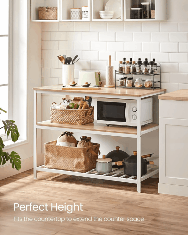 Kitchen Island with 3 Shelves, 47.2 Inches Width Kitchen Shelf with Large Worktop, Stable Steel Structure, Industrial, Easy to Assemble, Oak Color and White UKKI001W09 - Image 7