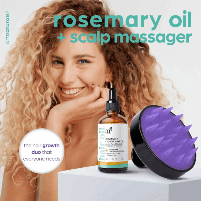 Organic Rosemary & Castor Hair Growth Oil + Scalp Massager Set – Hair Styling Oils for Dry, Itchy Scalp, Thickening & Hydration - Scalp Oil Products for Damaged Hair & Split Ends – 4.0 Oz - Image 2
