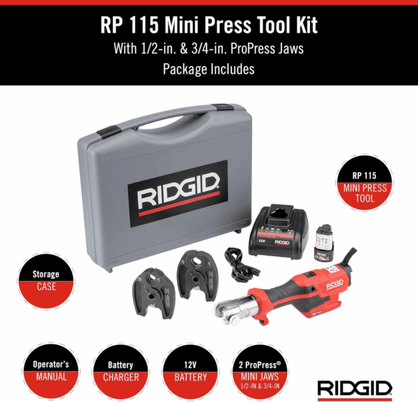 72553 Model RP 115 Mini Press Tool and Battery Kit with 1/2" to 3/4" Propress Press Tool Jaws, 2V Li/Ion Battery, 12V Charger, and Carrying Case , Red - Image 2