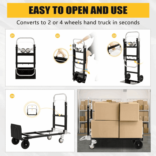 2025 New Upgrade Hand Truck Dolly Heavy Duty 660Lbs Capacity,3 in 1 Folding Hand Truck with Telescoping Handles and Rubber Wheels,Portable Dolly Cart with Brakes and Bungee Cords for Moving - Image 5