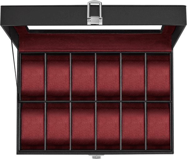 Watch Box, 12-Slot Watch Case with Large Glass Lid, Removable Watch Pillows, Watch Box Organizer, Gift for Loved Ones, Black Synthetic Leather, Wine Red Lining UJWB120R01 - Image 7