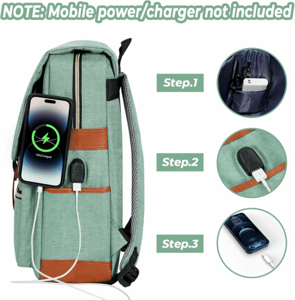 Vintage Laptop Backpack for Women Men,15.6 Inch Bookbag Casual Daypack with USB Charging Port for College Work, Green Backpacks - Image 3