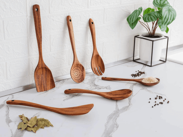 6-Piece Wooden Cooking Spoons Set – Heat-Resistant, Smooth Teak Utensils with Comfort Grip – Lightweight & Durable – Easy to Clean, Perfect for Non-Stick Cookware - Image 8