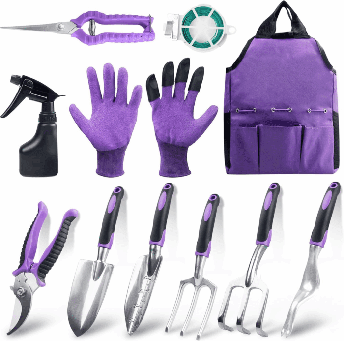 Gardening Tool Set - 11 Piece Aluminum Alloy Steel Hand Tool Starter Kit with Garden Bag, Outdoor Tool, Heavy Duty Gardening Work Set, Gardening Tools Gift for Women and Men
