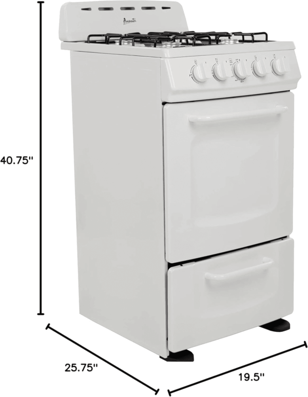 GRO20P0W Gas Range Oven Compact Freestanding Design, 4 Burners with Electronic Ignition, 2.1 Cu.Ft. Capacity Features Solid Door Storage Drawer Broiler and Accessories, 20-Inch, White - Image 3