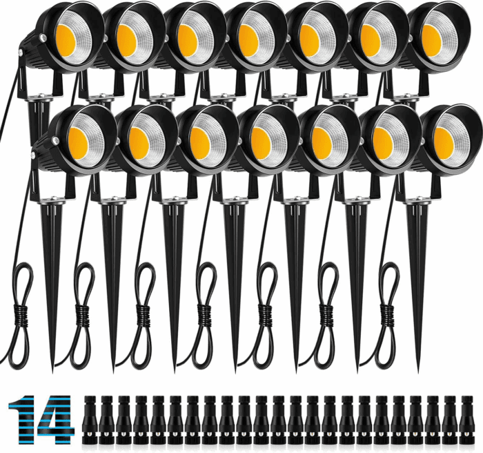 10W Low Voltage Landscape Lights LED Landscape Lighting with Connectors, 12V Outdoor Spotlights Yard Garden Pathway Lights, 1000LM Waterproof Warm White Light (14 Pack)