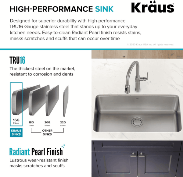 Dex 33-Inch Undermount 16 Gauge Stainless Steel Single Bowl Kitchen Sink, KA1US33B - Image 5