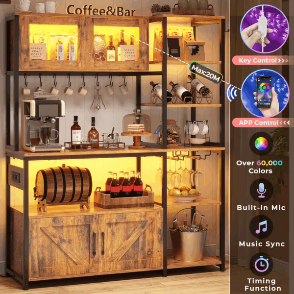 Bakers Rack with Power Outlet and LED Light, 45.3 Inch Farmhouse Coffee Bar Cabinet, Kitchen Microwave Stand with Storage, Glass Cabinet, Goblet Holder and 8 Hooks (Rustic Brown) - Image 6