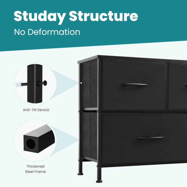 Dresser for Bedroom with 5 Drawers, Wide Chest of Drawers, Fabric Bedroom Dresser with Drawer Organizer, Storage Organizer Unit with Fabric Bins for Closet, Living Room, Hallway, Classic Black - Image 7