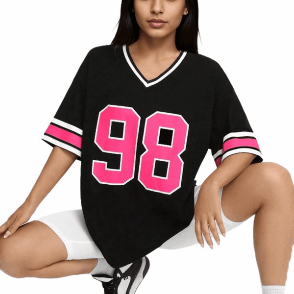 American Jersey for Women Oversized Graphic Stripe Trim V Neck Drop Shoulder Summer Tshirts - Image 3