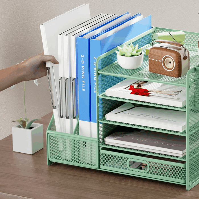 Desk Organizer with File Holder, 5-Tier Paper Letter Tray Organizer with Drawer and 2 Pen Holder, Mesh Desktop Organizer and Storage with Magazine Holder for Office Supplies (Green) - Image 5