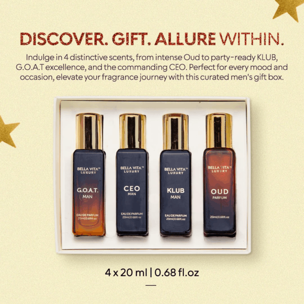 Bellavita Luxury Perfume for Men Gift Set (4 X 20Ml) | Gifts for Men | Fragrance Includes KLUB, OUD, CEO, GOAT Perfumes | Masculine, Woody, Citrusy, and Aromatic Perfumes Fragrance for Men - Image 4